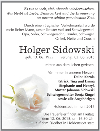 Traueranzeige von Holger Sidowski von Mitteldeutsche Zeitung Sangerhausen