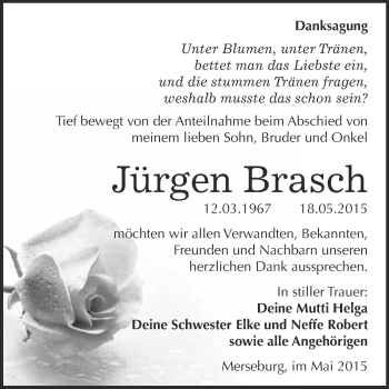 Traueranzeige von Jürgen Brasch von Super Sonntag Merseburg