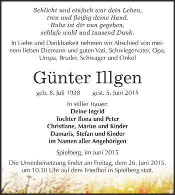 Traueranzeige von Günter Illgen von WVG - Wochenspiegel Merseburg