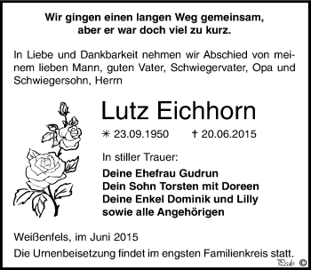 Traueranzeige von Lutz Eichhorn von Mitteldeutsche Zeitung Weißenfels