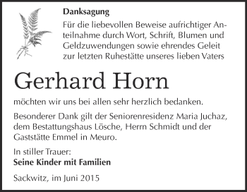 Traueranzeige von Gerhard Horn von WVG - Wochenspiegel Wittenberg