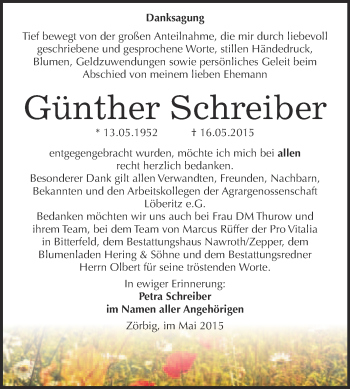 Traueranzeige von Günther Schreiber von WVG - Wochenspiegel Bitterfeld