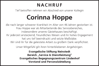 Traueranzeige von Corinna Hoppe von Super Sonntag Quedlinburg