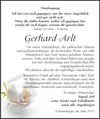 Traueranzeige von Gerhard Arlt von Mitteldeutsche Zeitung Naumburg/Nebra