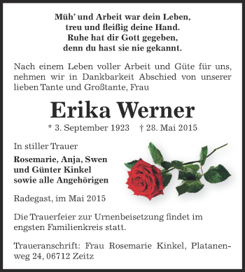 Traueranzeige von Erika Werner von Super Sonntag Zeitz