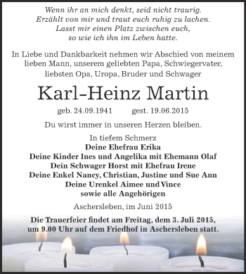 Traueranzeige von Karl-Heinz Martin von Super Sonntag Aschersleben