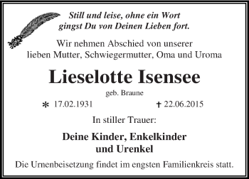 Traueranzeige von Lieselotte Isensee von WVG - Wochenspiegel Dessau / Köthen