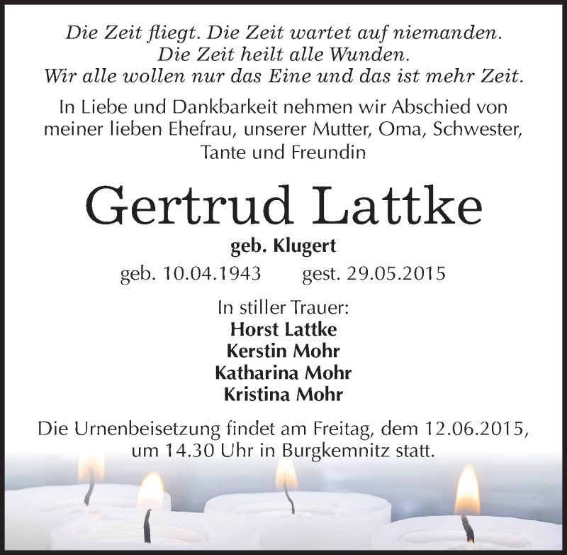  Traueranzeige für Gertrud Lattke vom 06.06.2015 aus Mitteldeutsche Zeitung Wittenberg