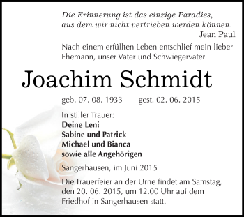 Traueranzeige von Joachim Schmidt von Super Sonntag SGH Mansf. Land