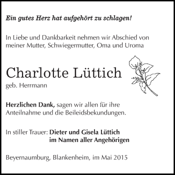 Traueranzeige von Charlotte Lüttich von WVG - Wochenspiegel SGH
