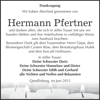 Traueranzeige von Hermann Pfertner von WVG - Wochenspiegel Quedlinburg