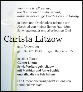 Traueranzeige von Christa Litzow von WVG - Wochenspiegel Dessau / Köthen