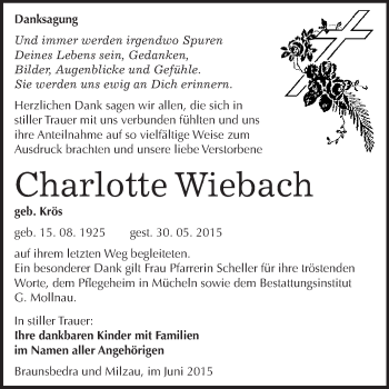 Traueranzeige von Charlotte Wiebach von WVG - Wochenspiegel Merseburg