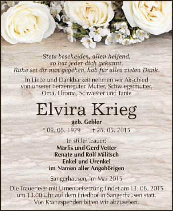Traueranzeige von Elvira Krieg von Super Sonntag SGH Mansf. Land