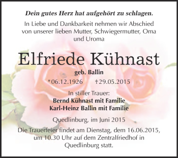 Traueranzeige von Elfriede Kühnast von WVG - Wochenspiegel Quedlinburg