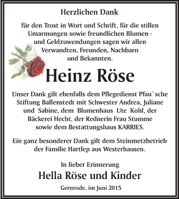 Traueranzeige von Heinz Röse von WVG - Wochenspiegel Quedlinburg