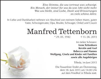 Traueranzeige von Manfred Tettenborn von Mitteldeutsche Zeitung Sangerhausen