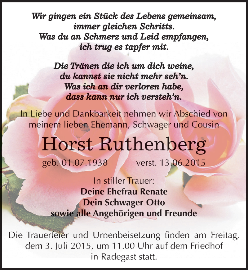  Traueranzeige für Horst Ruthenberg vom 19.06.2015 aus Mitteldeutsche Zeitung Köthen