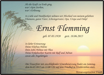 Traueranzeige von Ernst Flemming von Mitteldeutsche Zeitung Quedlinburg