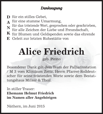 Traueranzeige von Alice Friedrich von Super Sonntag Zeitz