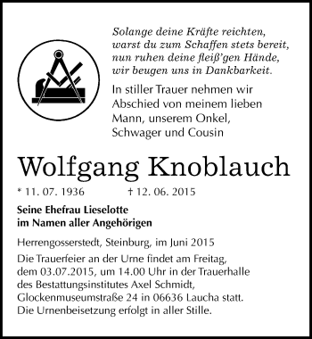 Traueranzeige von Wolfgang Knoblauch von Mitteldeutsche Zeitung Naumburg/Nebra