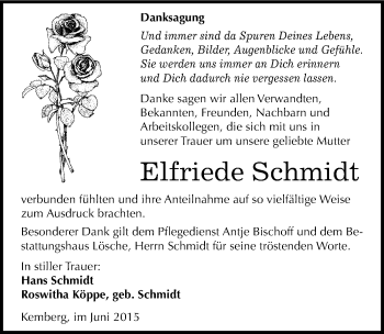 Traueranzeige von Elfriede Schmidt von Mitteldeutsche Zeitung Wittenberg