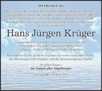 Traueranzeige von Hans Jürgen Krüger von WVG - Wochenspiegel Quedlinburg