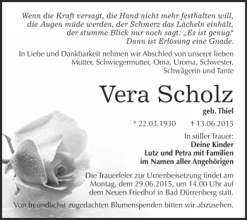 Traueranzeige von Vera Scholz von Super Sonntag Merseburg