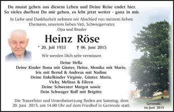 Traueranzeige von Heinz Röse von Mitteldeutsche Zeitung Quedlinburg