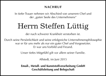 Traueranzeige von Steffen Lüttig von Mitteldeutsche Zeitung Sangerhausen