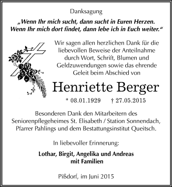 Traueranzeige von Henriette Berger von Mitteldeutsche Zeitung Köthen