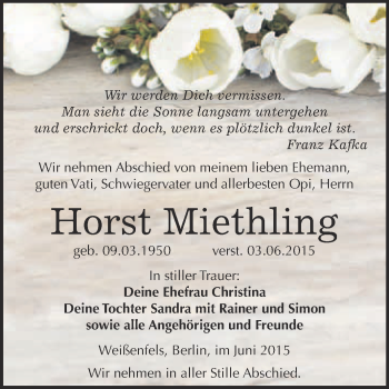 Traueranzeige von Horst Miethling von WVG - Wochenspiegel NMB / WSF / ZTZ