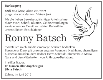 Traueranzeige von Ronny Batsch von Super Sonntag Wittenberg