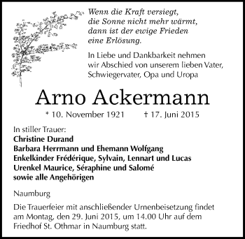 Traueranzeige von Arno Ackermann von Mitteldeutsche Zeitung Naumburg/Nebra