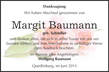 Traueranzeige von Margit Baumann von Super Sonntag Quedlinburg