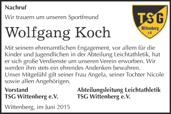 Traueranzeige von Wolfgang Koch von Super Sonntag Wittenberg