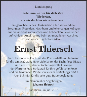 Traueranzeige von Ernst Thiersch von WVG - Wochenspiegel NMB / WSF / ZTZ