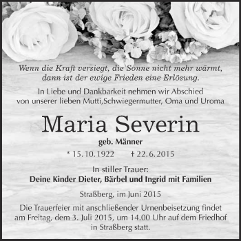 Traueranzeige von Maria Severin von WVG - Wochenspiegel Quedlinburg