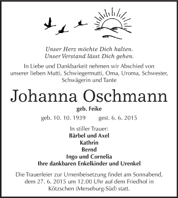 Traueranzeige von Johanna Oschmann von WVG - Wochenspiegel Merseburg