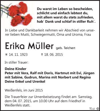 Traueranzeige von Erika Müller von WVG - Wochenspiegel NMB / WSF / ZTZ