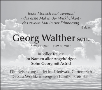 Traueranzeige von Georg Walther von WVG - Wochenspiegel Dessau / Köthen