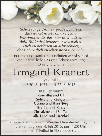 Traueranzeige von Irmgard Kranert von WVG - Wochenspiegel Quedlinburg