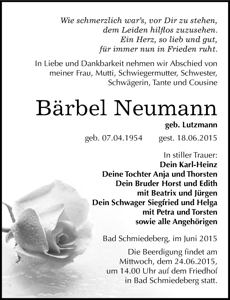  Traueranzeige für Bärbel Neumann vom 23.06.2015 aus Mitteldeutsche Zeitung Wittenberg