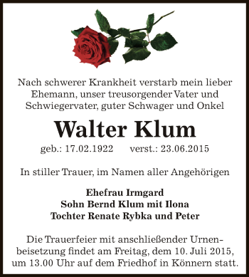 Traueranzeige von Walter Klum von Super Sonntag Bernburg