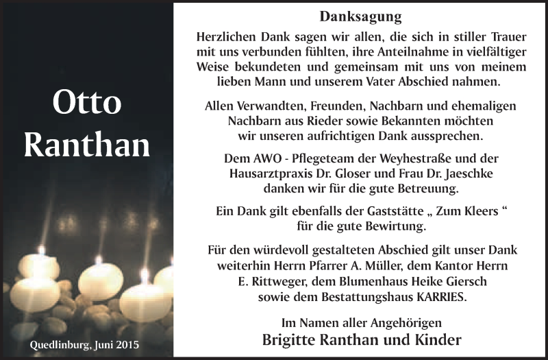  Traueranzeige für Otto Ranthan vom 28.06.2015 aus WVG - Wochenspiegel Quedlinburg