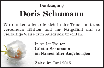 Traueranzeige von Doris Schumann von Mitteldeutsche Zeitung Zeitz