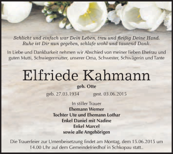Traueranzeige von Elfriede Kahmann von WVG - Wochenspiegel Merseburg