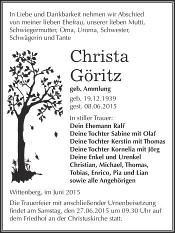 Traueranzeige von Christa Göritz von WVG - Wochenspiegel Wittenberg