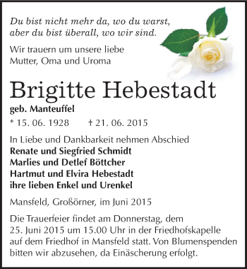 Traueranzeige von Brigitte Hebestadt von Mitteldeutsche Zeitung Mansfelder Land