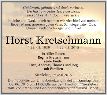 Traueranzeige von Horst Kretschmann von Wochenspiegel Mansfelder Land